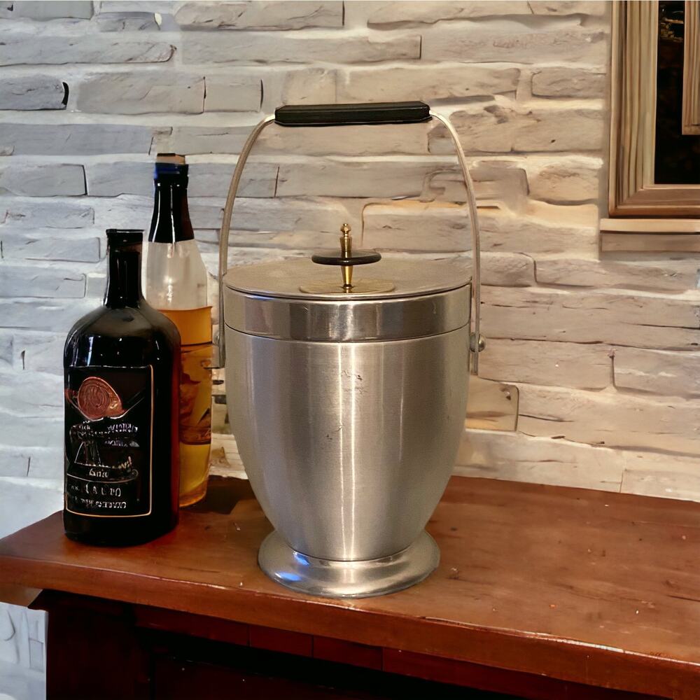 Vintage MCM Kromex Chrome And Brushed Aluminum Ice Bucket Lid Handle Modern